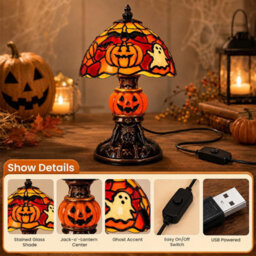 CLEFFNS Halloween Handcrafted Ghost Stained Glass Night Light Gothic Resin Bat Pumpkin Glow Lamp, Retro Halloween Decorative Table Lamp - thumbnail 8