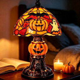 CLEFFNS Halloween Handcrafted Ghost Stained Glass Night Light Gothic Resin Bat Pumpkin Glow Lamp, Retro Halloween Decorative Table Lamp - thumbnail 1