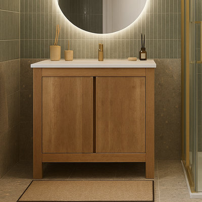 Impact Furniture Bathroom Freestanding Vanity Unit 800mm Sink Cabinet With Basin Oak Effect Floor Storage Classic - image 1