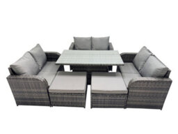 Fimous 8-Seater Patio Height Adjustable Rising Lifting Table Sofa Sets Rattan Garden Furniture Dining Set With 2 Big Stools - thumbnail 1