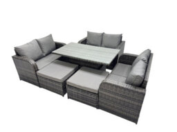 Fimous 8-Seater Patio Height Adjustable Rising Lifting Table Sofa Sets Rattan Garden Furniture Dining Set With 2 Big Stools - thumbnail 2