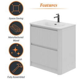Plum&clay Isla Ribbed Fluted White 2 Drawer Freestanding Bathroom Vanity Unit & White Basin Set (W)800mm - thumbnail 6