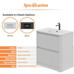 Plum&clay Isla Ribbed Fluted White 2 Drawer Freestanding Bathroom Vanity Unit & White Basin Set (W)800mm - thumbnail 5