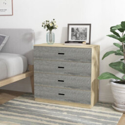 Urbnliving Height 73Cm 4 Drawer Wooden Bedroom Chest Cabinet Modern Oak Carcass And Ash Grey Drawers Wide Storage Cupboard Closet