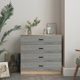 Urbnliving Height 73Cm 4 Drawer Wooden Bedroom Chest Cabinet Modern Oak Carcass And Ash Grey Drawers Wide Storage Cupboard Closet - thumbnail 3