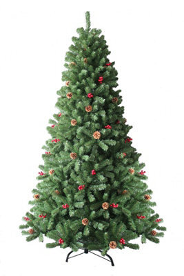 Shatchi Artificial Christmas 8Ft Tree Maryland Fir Green Tips Red Berries And Pine Cone Decorations Metal Stand - image 1
