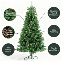 Shatchi Artificial Christmas 8Ft Tree Maryland Fir Green Tips Red Berries And Pine Cone Decorations Metal Stand - thumbnail 8