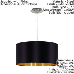 Stylish Satin Nickel Pendant Ceiling Light With Black And Gold Fabric Shade - thumbnail 2