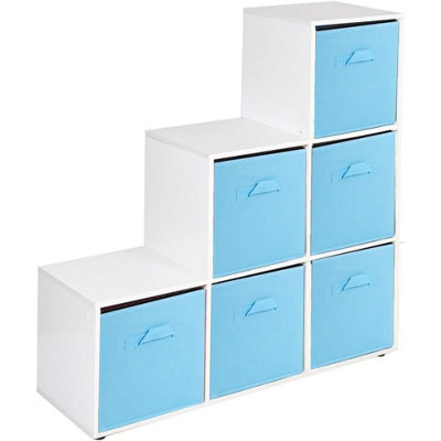 Urbn-Living Urbnliving 91Cm Height 6 Cube Step White Storage Bookcase Unit Shelf Light Blue Drawers Baskets - image 1