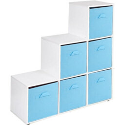 Urbn-Living Urbnliving 91Cm Height 6 Cube Step White Storage Bookcase Unit Shelf Light Blue Drawers Baskets