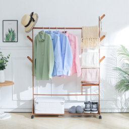 Darphe Bamboo Freestanding Clothes Rail Coat Hanging Rack With Wheels Brown