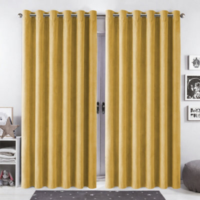 Bedlooms Ochre Crushed Velvet Curtains Blackout Thermal Insulated Eyelet Curtain (Pair) 90 X 90 Inches With Tie Back Two - image 1