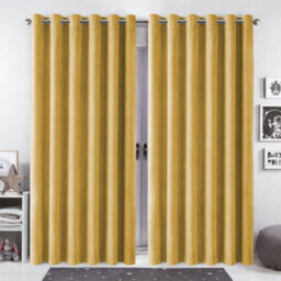 Bedlooms Ochre Crushed Velvet Curtains Blackout Thermal Insulated Eyelet Curtain (Pair) 90 X 90 Inches With Tie Back Two