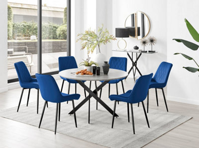 Furniturebox Novara Grey Concrete Effect 120Cm Round Dining Table With Black Starburst Legs & 6 Navy Pesaro Velvet Chairs - image 1