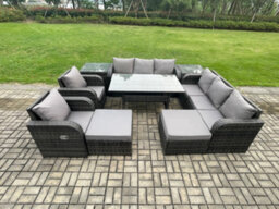 Fimous 10 Seater Rattan Garden Furniture Set Oblong Dining Table And Chairs Set With 3 Seater Sofa 2 Big Footstool 2 Side Tables - thumbnail 1