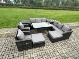 Fimous 10 Seater Rattan Garden Furniture Set Oblong Dining Table And Chairs Set With 3 Seater Sofa 2 Big Footstool 2 Side Tables - thumbnail 2