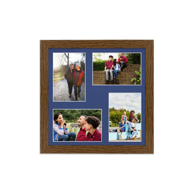 AK Frames 12X12 Dark Oak Modern Multi Photo Frame With Blue Mount - Holds 4 Apertures (4X) 6X4 Photos - image 1
