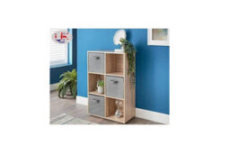 Spot On Dealz 6 Cubes Wooden Storage Shelving Unit Oak With 3 Grey Fabric Woven Drawer Basket Bookcase Living Room Furniture Decor - thumbnail 3