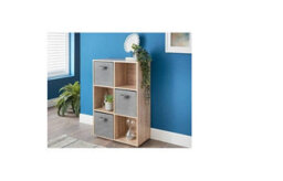 Spot On Dealz 6 Cubes Wooden Storage Shelving Unit Oak With 3 Grey Fabric Woven Drawer Basket Bookcase Living Room Furniture Decor - thumbnail 1