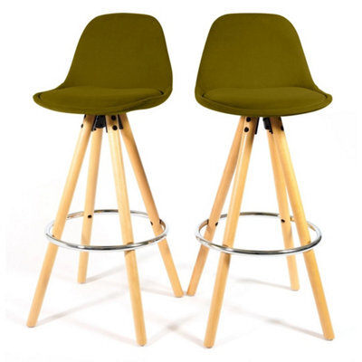 Set Of 2 Olive Green Velvet Bar Stool Chrome Footrest Scandinavian - image 1