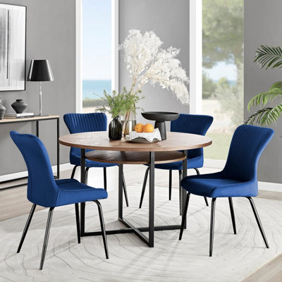 Furniturebox Uk Adley Brown Wood Storage Dining Table & 4 Blue Nora Black Leg Chairs