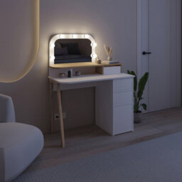 Decortie Avien Make-Up Dressing Table Set W/led Lights Mirror 3-Drawer 1-Door Storage 105(W)Cm Vanity Dresser Table (White, Oak) - thumbnail 8