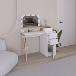 Decortie Avien Make-Up Dressing Table Set W/led Lights Mirror 3-Drawer 1-Door Storage 105(W)Cm Vanity Dresser Table (White, Oak) - thumbnail 5
