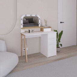 Decortie Avien Make-Up Dressing Table Set W/led Lights Mirror 3-Drawer 1-Door Storage 105(W)Cm Vanity Dresser Table (White, Oak)