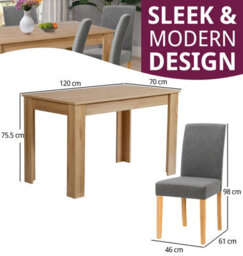 Hallowood Furniture Newquay Oak Fixed Top Table 120Cm With 6 Straight Back Grey Fabric Chairs - thumbnail 3