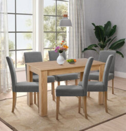 Hallowood Furniture Newquay Oak Fixed Top Table 120Cm With 6 Straight Back Grey Fabric Chairs