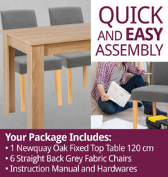 Hallowood Furniture Newquay Oak Fixed Top Table 120Cm With 6 Straight Back Grey Fabric Chairs - thumbnail 7