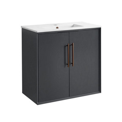 Homestylestore Anthracite 810mm Wall Hung Bathroom Vanity Unit With Basin And Brushed Copper T Bar Handle - image 1