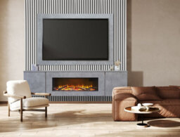 Acantha Orion Xo Electric Floating Media Wall Suite In Concrete Effect With Tv Board & White Oak Wall Panels - thumbnail 2