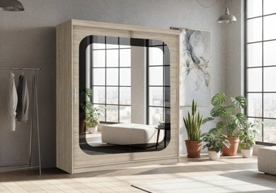 Fhif Camal 203Cm Oak Sliding Door Wardrobe Modern Bedroom Storage With Full Length Mirror Shelves And Hanging Rails - image 1