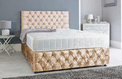 Adore Designs Chesterfield Crushed Velvet Divan Bed, With Orthopaedic Mattress & Footboard - 5Ft Kingsize - Gold - 2 Drawers Left Side - image 1