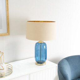 Valuelights Leigh Navy Blue Glass And Gold Detail Table Lamp With Beige/gold Shade Light - Led Bulb Included - thumbnail 3