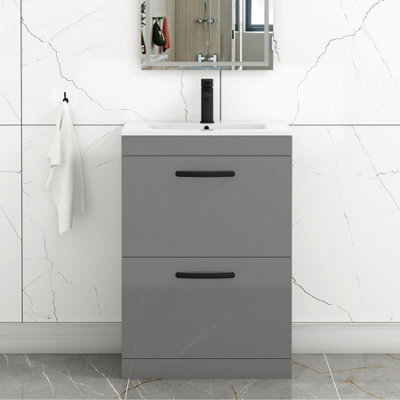 Royal Bathrooms Turin Indigo Grey Gloss 600mm Floor Standing Vanity Unit 2 Drawer With Minimalist Basin Sink & Matt Black Handles - image 1