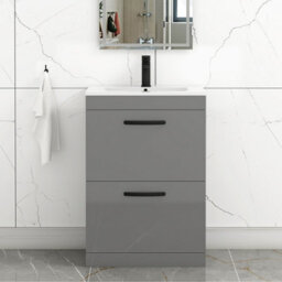 Royal Bathrooms Turin Indigo Grey Gloss 600mm Floor Standing Vanity Unit 2 Drawer With Minimalist Basin Sink & Matt Black Handles