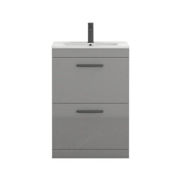 Royal Bathrooms Turin Indigo Grey Gloss 600mm Floor Standing Vanity Unit 2 Drawer With Minimalist Basin Sink & Matt Black Handles - thumbnail 6