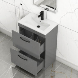 Royal Bathrooms Turin Indigo Grey Gloss 600mm Floor Standing Vanity Unit 2 Drawer With Minimalist Basin Sink & Matt Black Handles - thumbnail 3