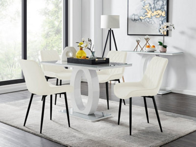 Furniturebox Giovani Rectangular 4 Seat White High Gloss Unique Halo Base Dining Table Grey Glass Top 4 Cream Velvet Black Leg Pesaro Chairs - image 1