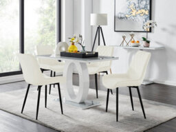 Furniturebox Giovani Rectangular 4 Seat White High Gloss Unique Halo Base Dining Table Grey Glass Top 4 Cream Velvet Black Leg Pesaro Chairs
