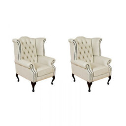 Chesterfield 2 X High Back Chairs Cottonseed Cream Leather Bespoke In Queen Anne Style - thumbnail 1