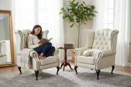 Chesterfield 2 X High Back Chairs Cottonseed Cream Leather Bespoke In Queen Anne Style - thumbnail 2