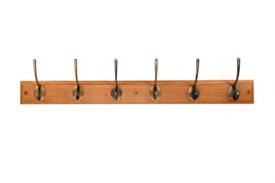Keypak Victorian 6-Hook Wall-Mounted Coat Rack, Oak Finish, Brass - Screws Included - image 1