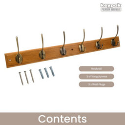Keypak Victorian 6-Hook Wall-Mounted Coat Rack, Oak Finish, Brass - Screws Included - thumbnail 4