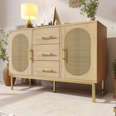 Matteo Spacious Rattan Sideboard Storage Cabinet With 2 Doors, 3 Drawers, Oak Finish, 120X40X74Cm - image 1