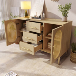 Matteo Spacious Rattan Sideboard Storage Cabinet With 2 Doors, 3 Drawers, Oak Finish, 120X40X74Cm - thumbnail 7