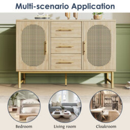 Matteo Spacious Rattan Sideboard Storage Cabinet With 2 Doors, 3 Drawers, Oak Finish, 120X40X74Cm - thumbnail 6