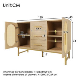 Matteo Spacious Rattan Sideboard Storage Cabinet With 2 Doors, 3 Drawers, Oak Finish, 120X40X74Cm - thumbnail 2